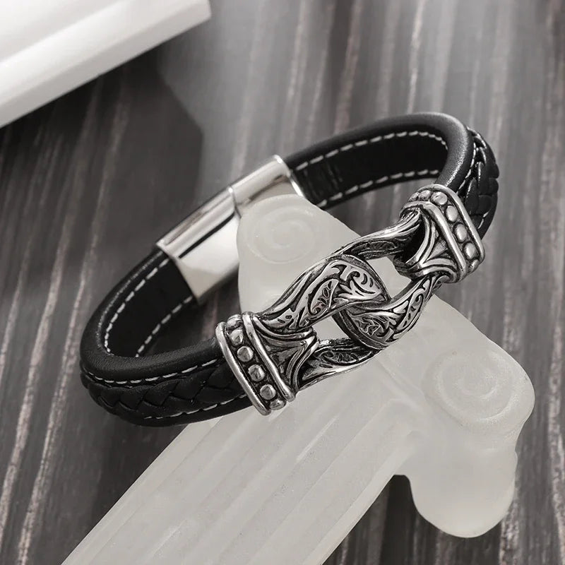 Bracelet en cuir noir et acier – Motif croix décorative