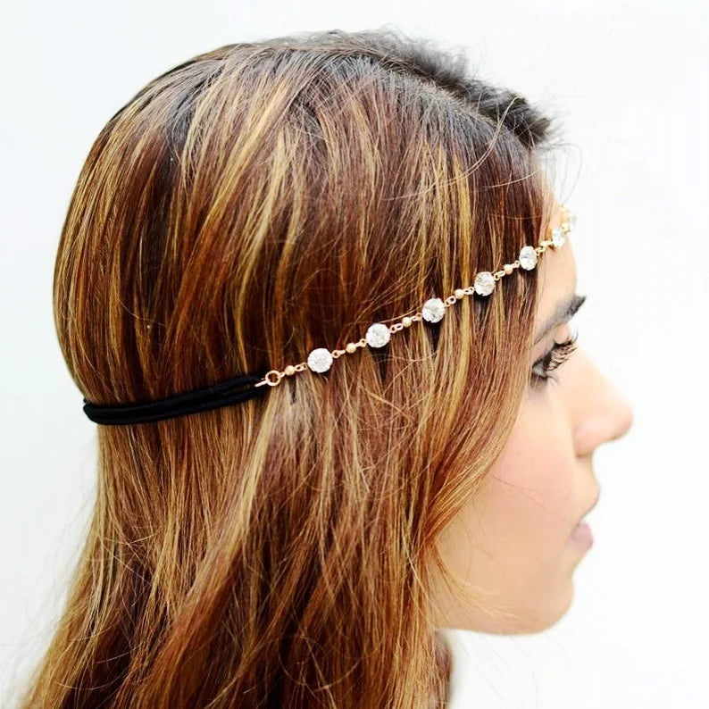 Cadena para la cabeza bohemia con cuentas doradas: joya para el cabello para mujer, para bodas, fiestas o festivales.