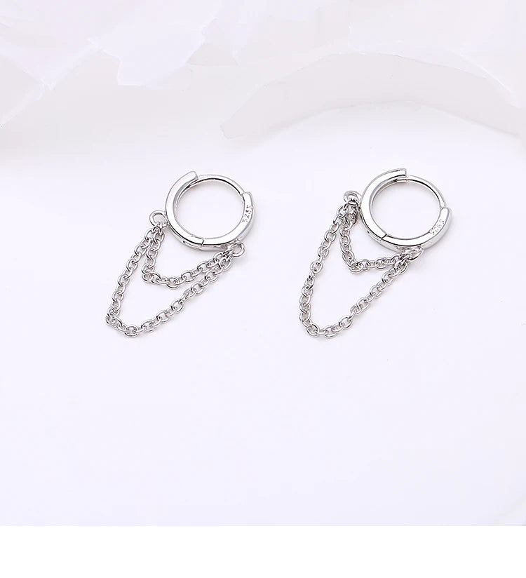 Boucles d’Oreilles Anneaux Argent 925 à Doubles Chaînes – Style Moderne et Minimaliste