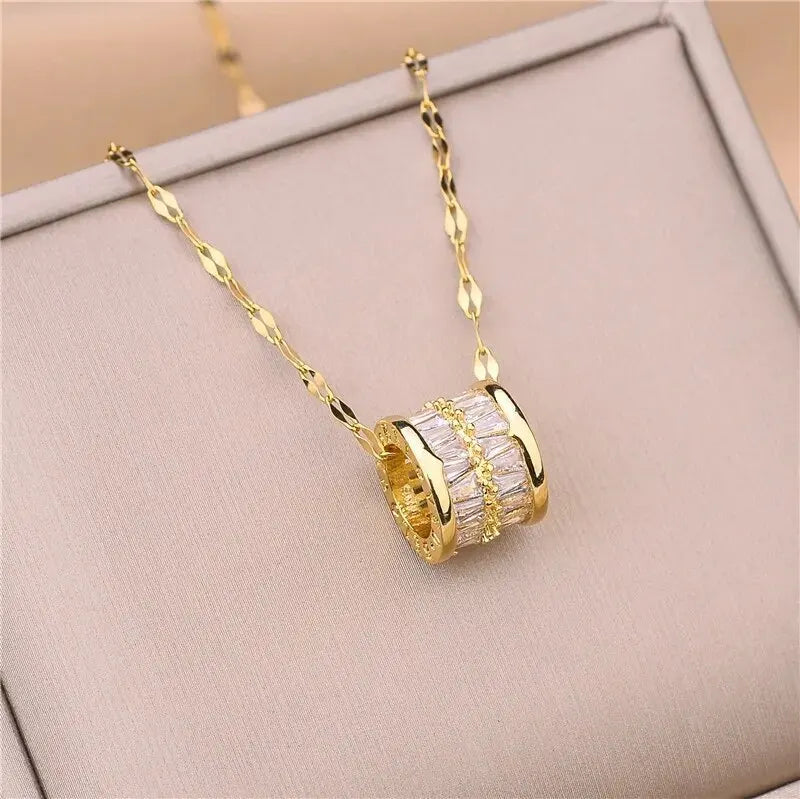 Collar de acero inoxidable de doble hilera: elegante colgante de cristal para mujer, elegante cadena de clavícula.