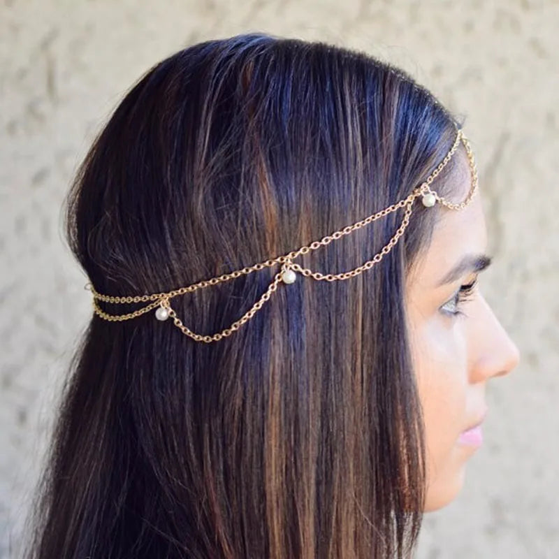 Cadena para la cabeza bohemia con cuentas doradas: joya para el cabello para mujer, para bodas, fiestas o festivales.