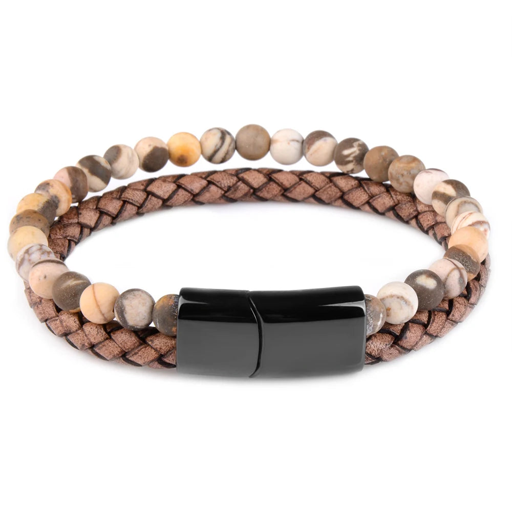 Pulsera de ojo de tigre para hombre: cuero auténtico y acero magnético negro