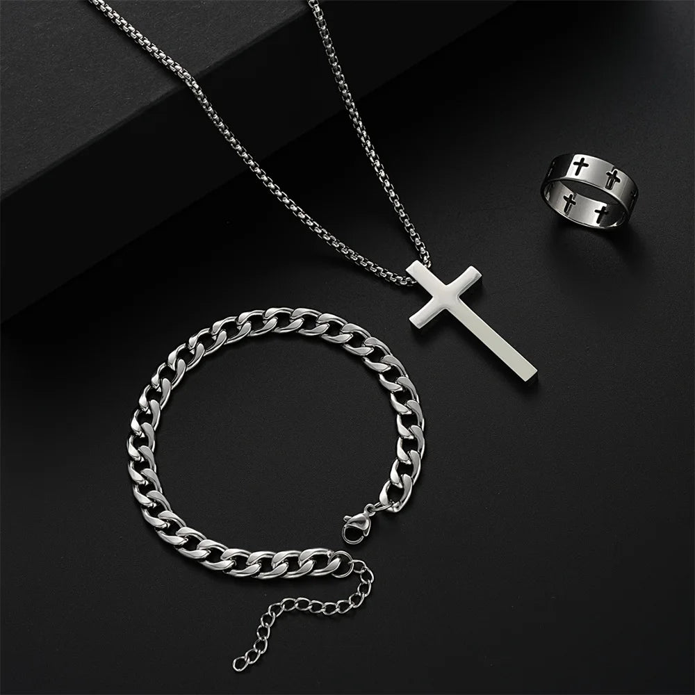 Conjunto 3 en 1 para hombre: collar, pulsera y anillo de acero inoxidable con cruz