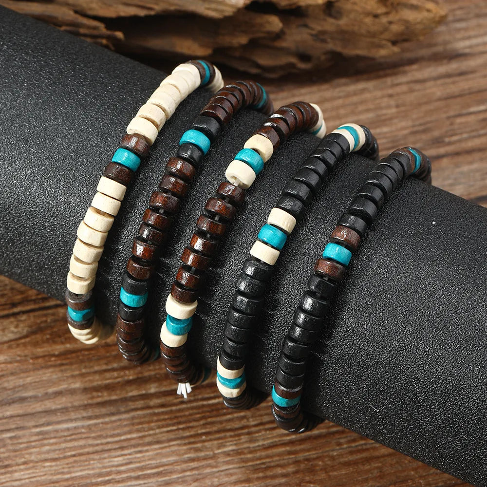 Bracelet Homme Bohème – Ensemble de Bracelets en Bois Naturel Tendance et Fait Main