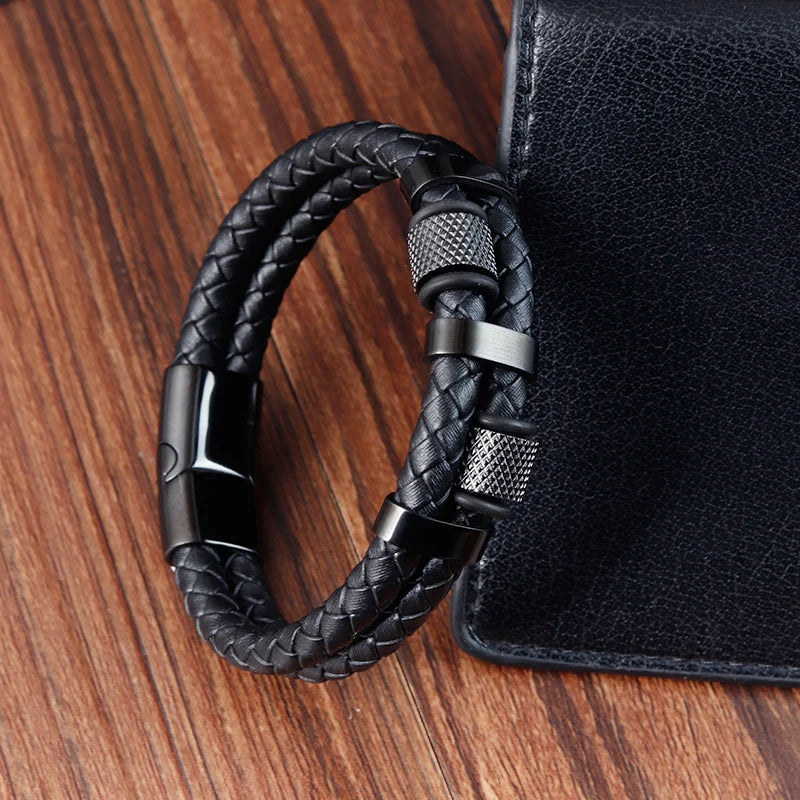 Bracelet Mixte en Cuir Véritable & Perles oeuil de Tigre, Fermoir Acier Inoxydable Magnétique