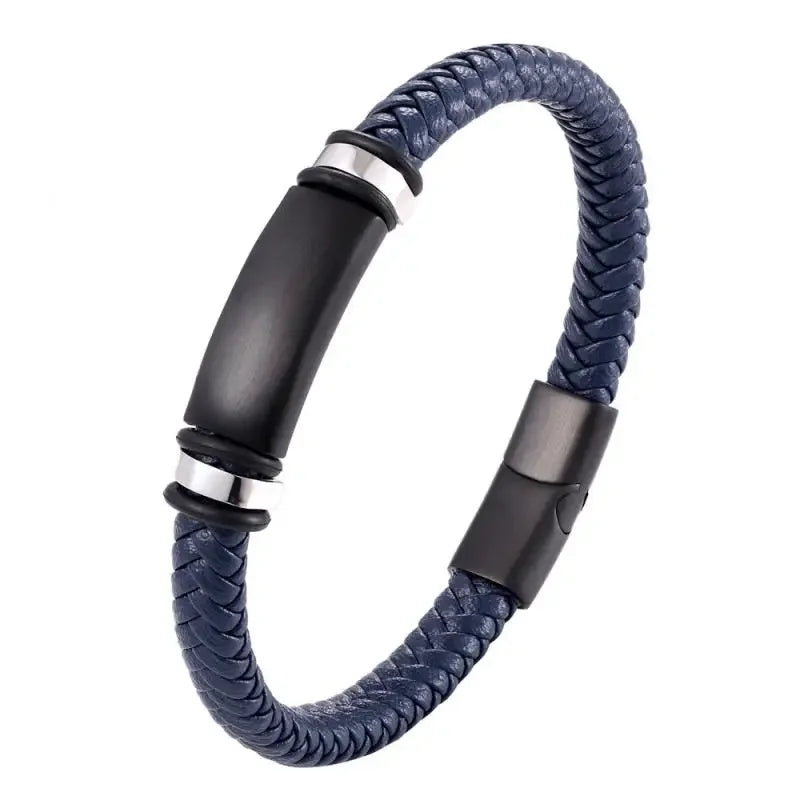 Bracelet en cuir noir et acier – Motif croix décorative