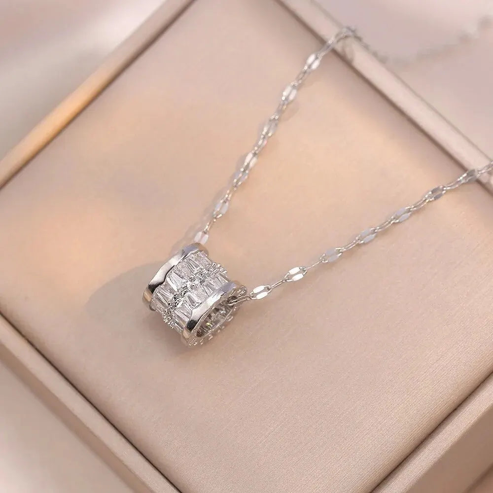 Collar de acero inoxidable de doble hilera: elegante colgante de cristal para mujer, elegante cadena de clavícula.