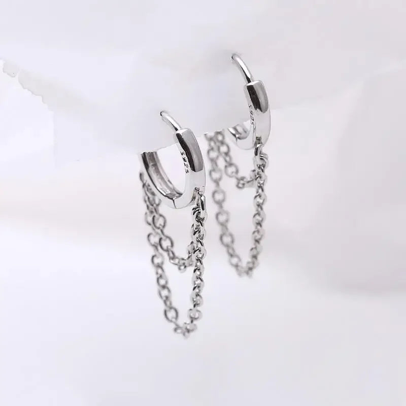 Boucles d’Oreilles Anneaux Argent 925 à Doubles Chaînes – Style Moderne et Minimaliste