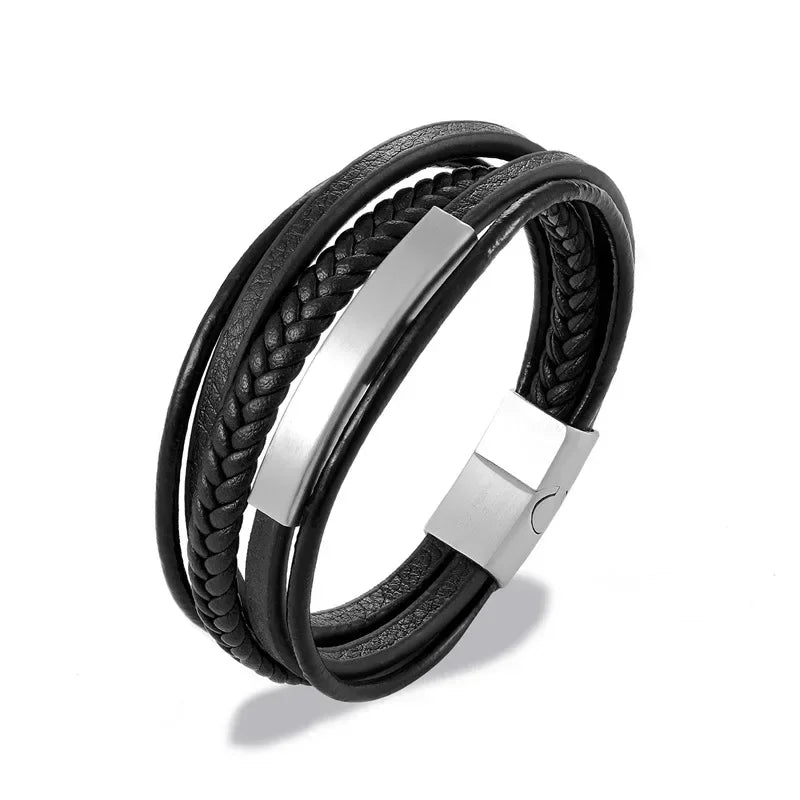 Bracelet en cuir noir et acier – Motif croix décorative