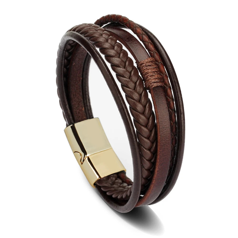 Pulsera trenzada de cuero y acero inoxidable para hombre – Multicapa – Elegante y moderna