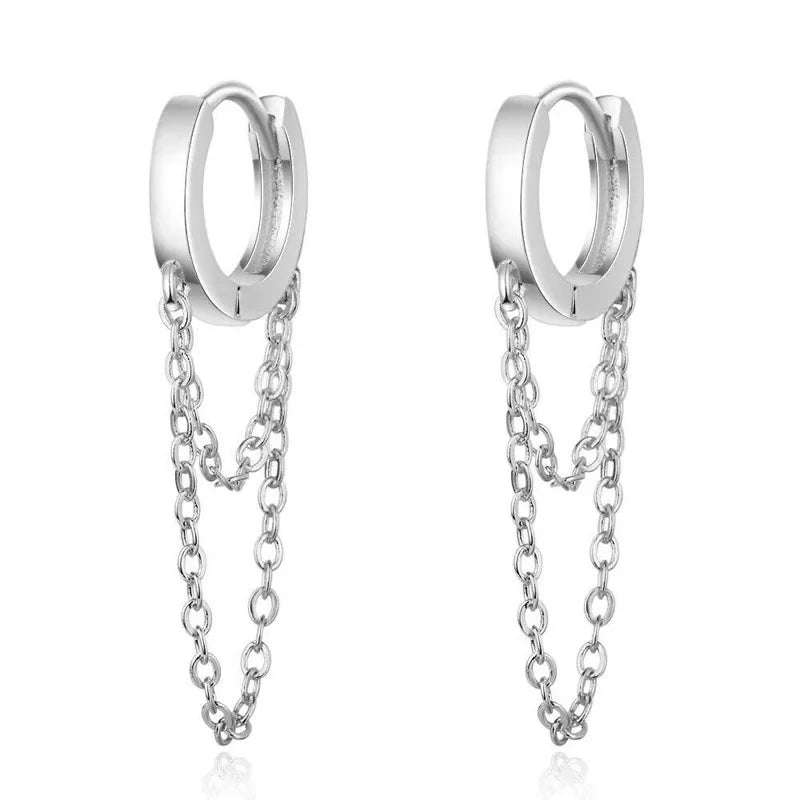 Boucles d’Oreilles Anneaux Argent 925 à Doubles Chaînes – Style Moderne et Minimaliste