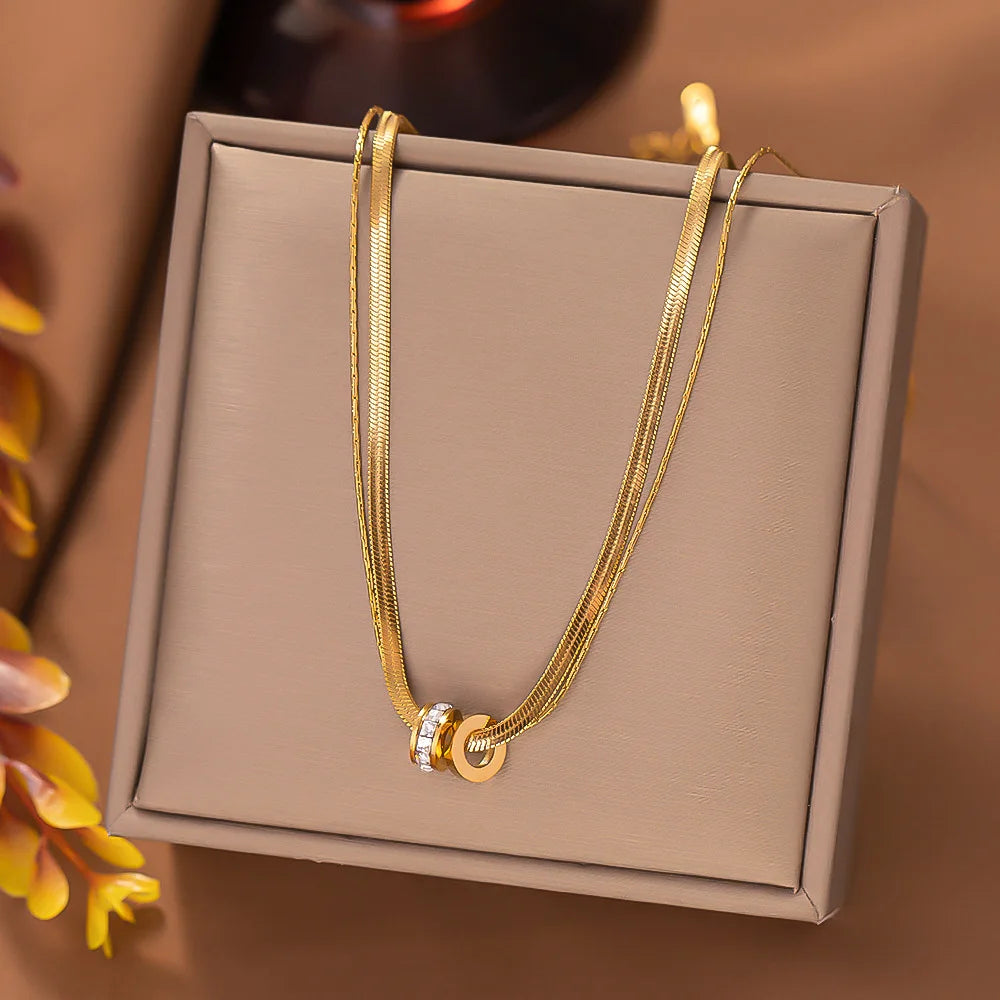 Collar de acero inoxidable de doble hilera: elegante colgante de cristal para mujer, elegante cadena de clavícula.