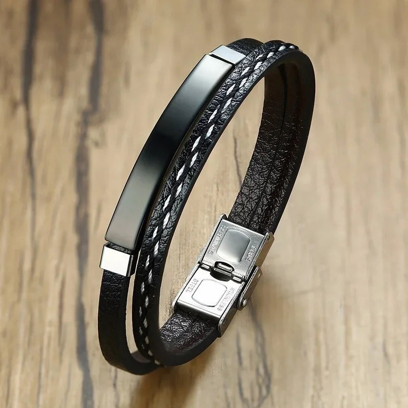 Bracelet Homme Cuir Tressé et Acier Élégance Contrastée
