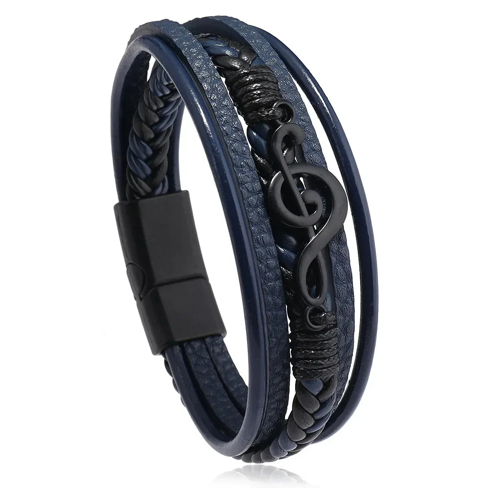 Bracelet homme multicouche en cuir avec fermoir magnétique et symbole musical – Héritage Chic