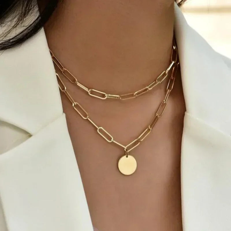 Collier Femme Argenté 925 à Trois Rangs – Style Minimaliste avec Médaillon Rond