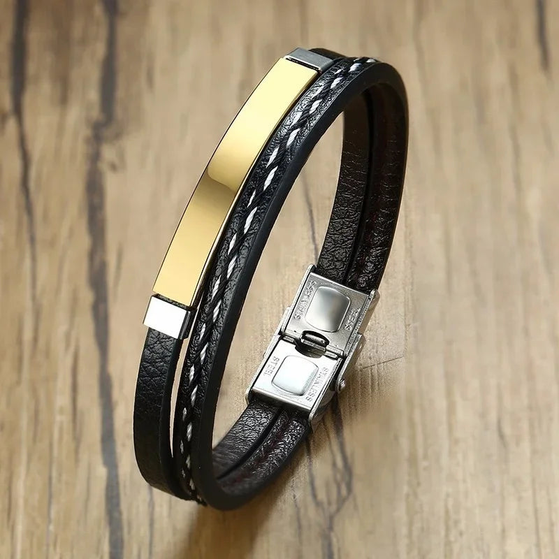 Bracelet Homme Cuir Tressé et Acier Élégance Contrastée
