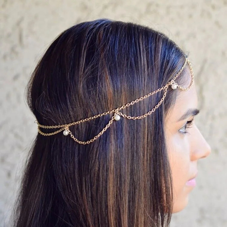 Cadena para la cabeza bohemia con cuentas doradas: joya para el cabello para mujer, para bodas, fiestas o festivales.