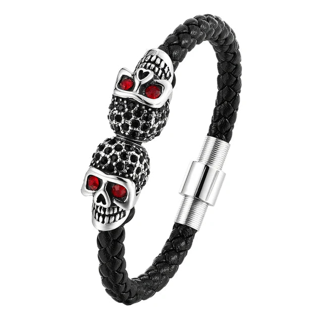Bracelet Cuir Noir Tressé Homme et Style Punk à Fermoir Magnétique en Acier Inoxydable