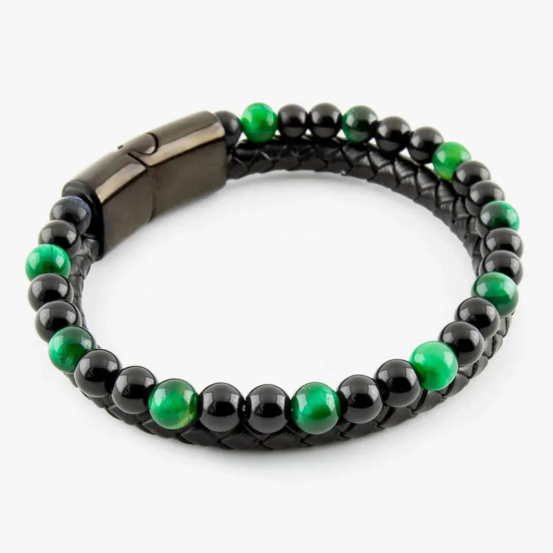Pulsera de piedra natural: ojo de tigre, ónix y lava. Estilo unisex y equilibrado.