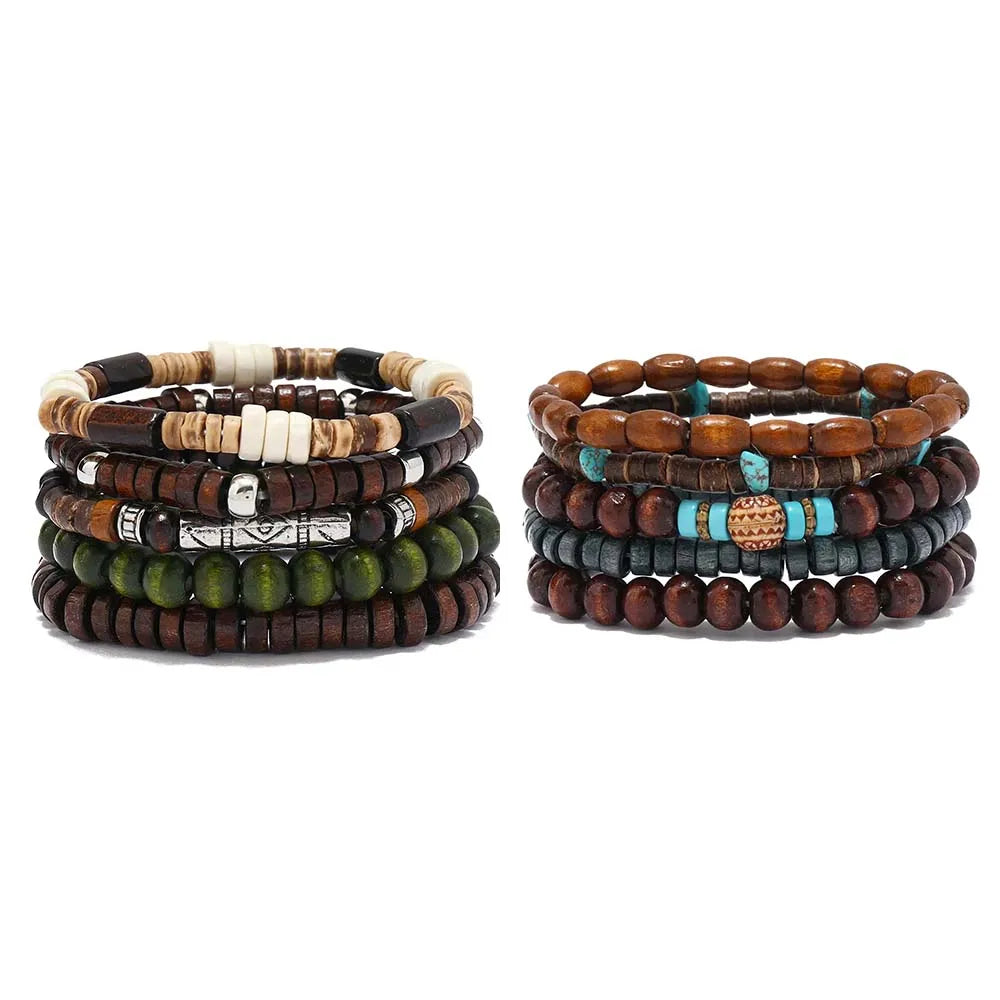 Bracelet Homme Bohème – Ensemble de Bracelets en Bois Naturel Tendance et Fait Main