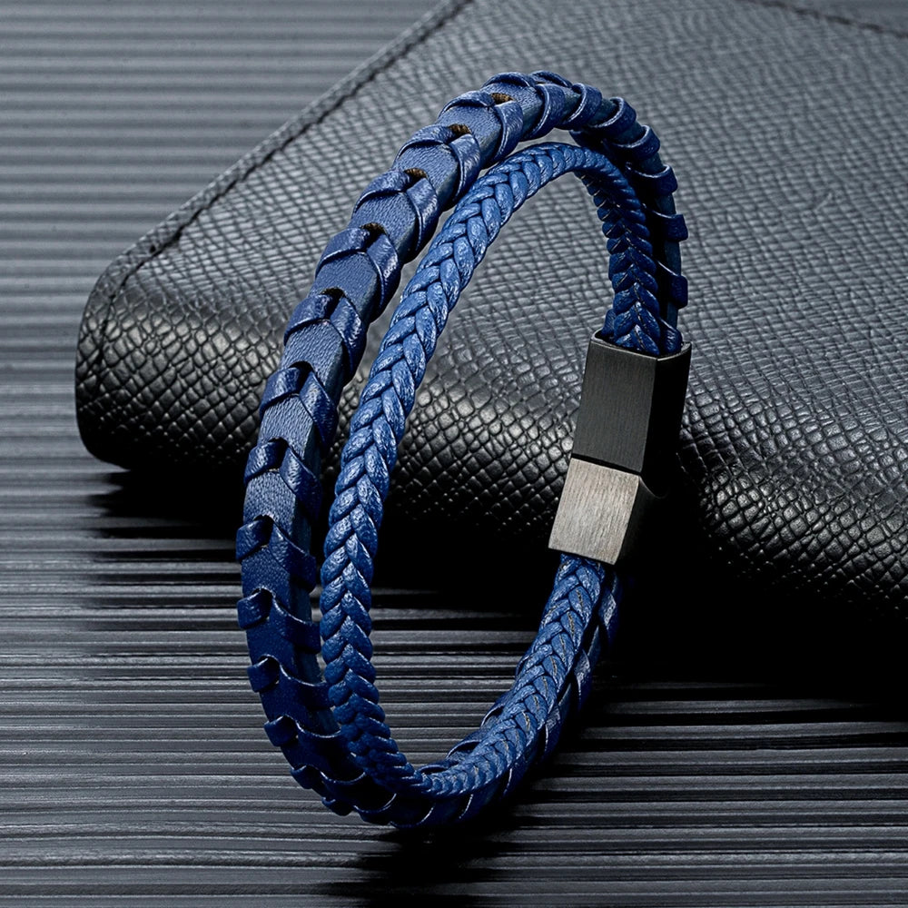 Bracelet Homme Cuir Tressé Noir et Fermoir Acier Inoxydable Magnétique et Élégance Discrète