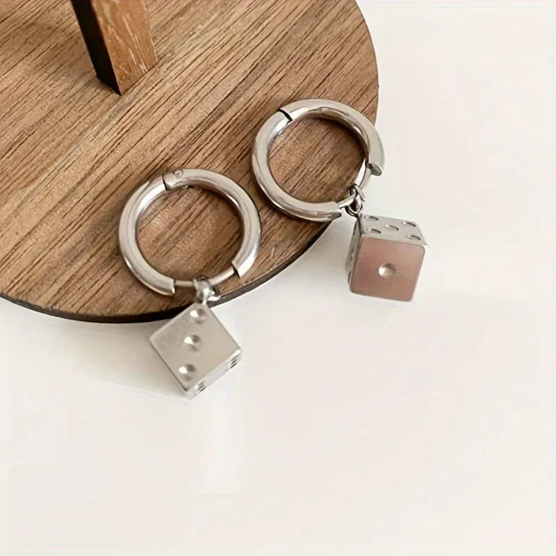 Men's Dice Earring - Silver Stainless Steel, Trendy Style