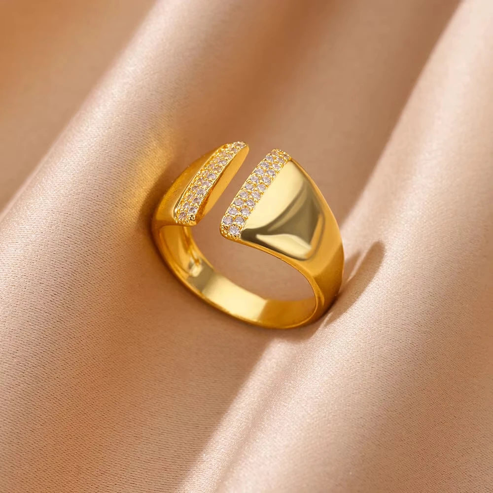 Bague œil Protecteur – Acier Inoxydable Doré, Ajustable, Design Géométrique avec Zircone