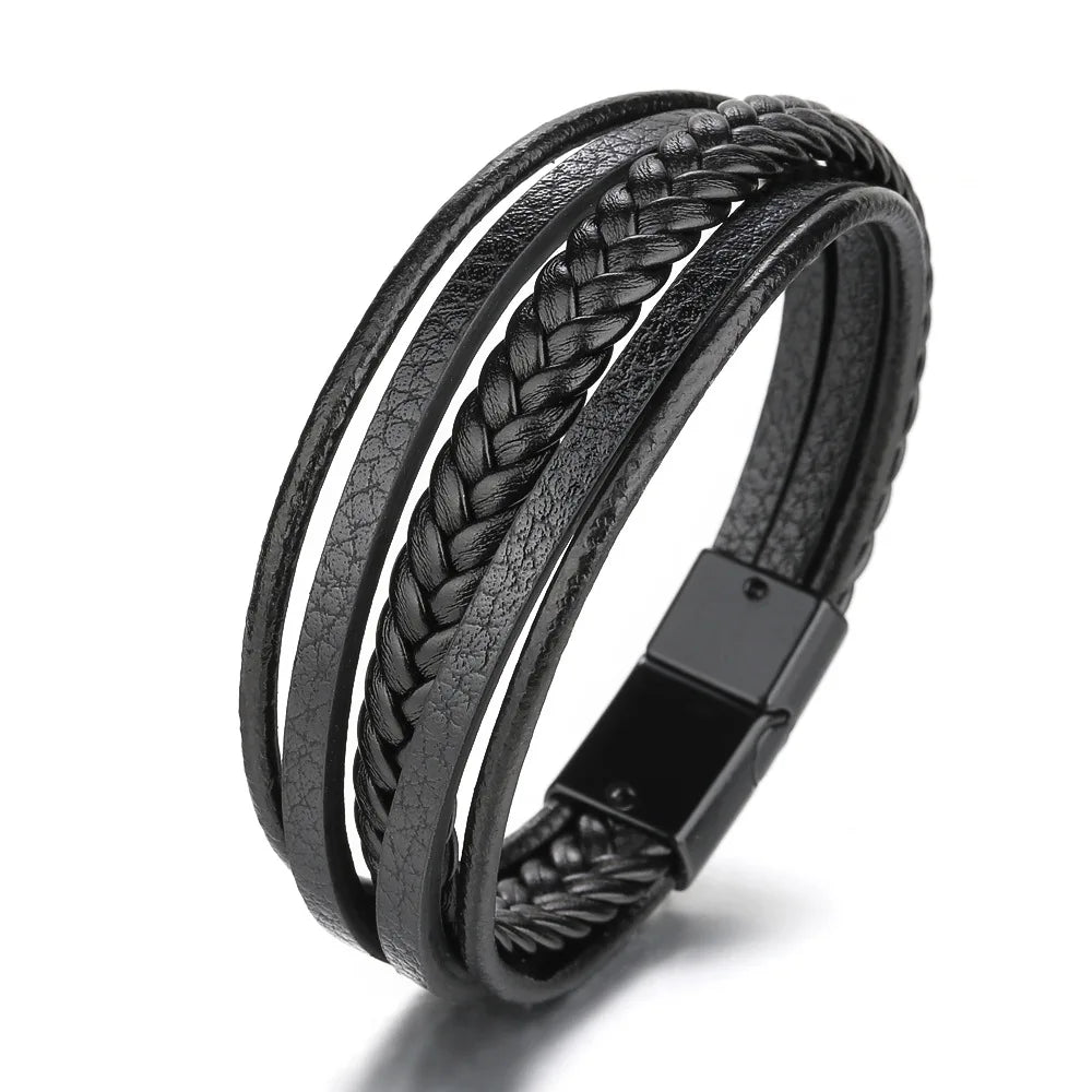 Pulsera trenzada de cuero y acero inoxidable para hombre – Multicapa – Elegante y moderna