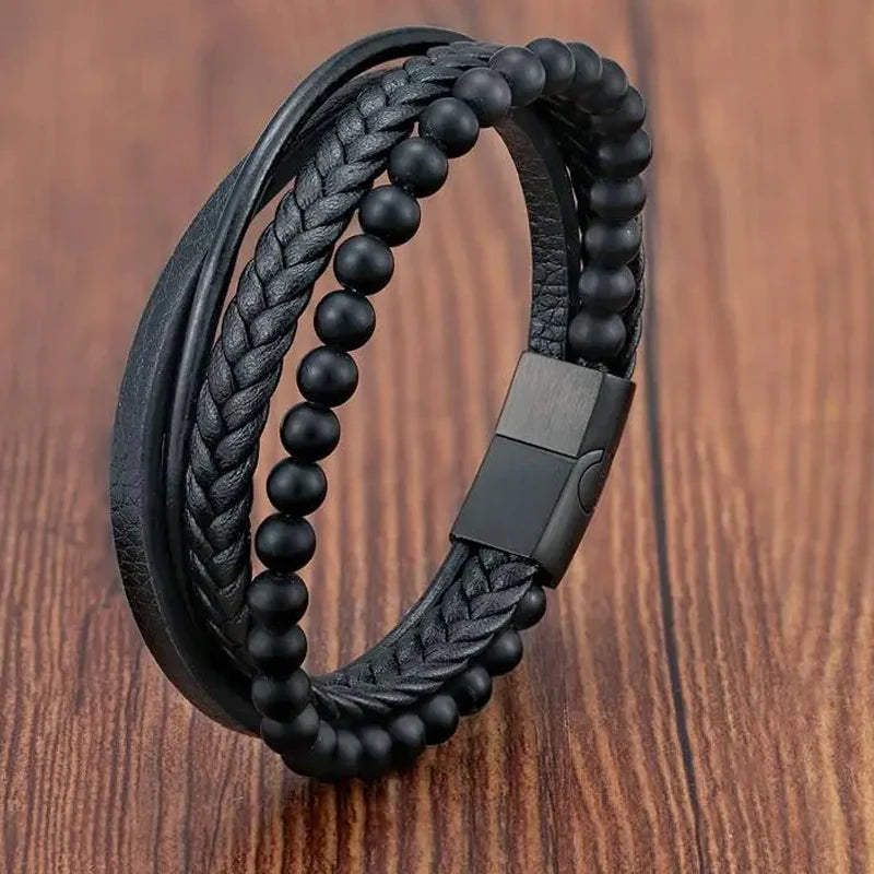 Bracelet Mixte en Cuir Véritable & Perles oeuil de Tigre, Fermoir Acier Inoxydable Magnétique