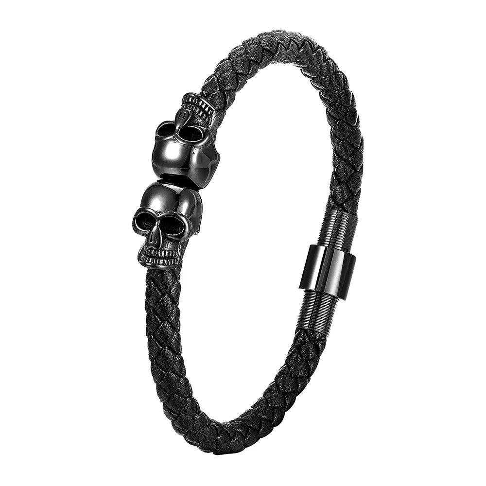 Bracelet Cuir Noir Tressé Homme et Style Punk à Fermoir Magnétique en Acier Inoxydable