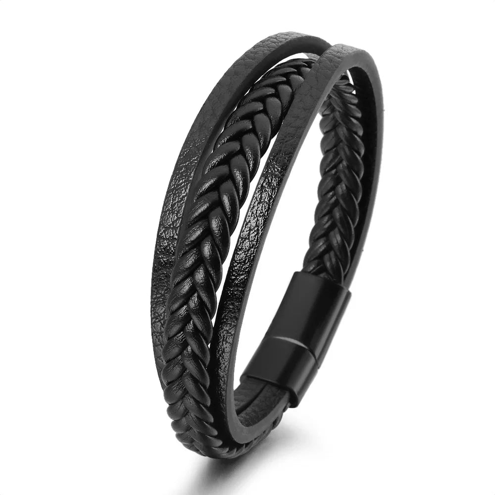 Pulsera trenzada de cuero y acero inoxidable para hombre – Multicapa – Elegante y moderna