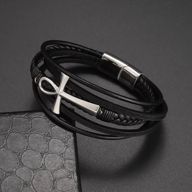 Bracelet en cuir noir et acier – Motif croix décorative