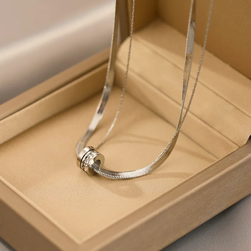 Collar de acero inoxidable de doble hilera: elegante colgante de cristal para mujer, elegante cadena de clavícula.