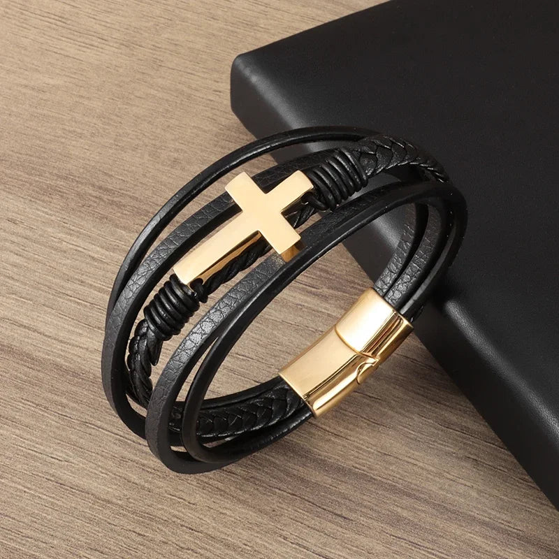 Bracelet en cuir noir et acier – Motif croix décorative