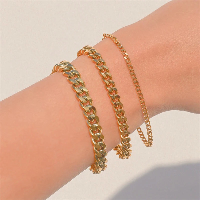 Pulsera de cadena cubana de acero inoxidable - Unisex, dorada, plateada y negra