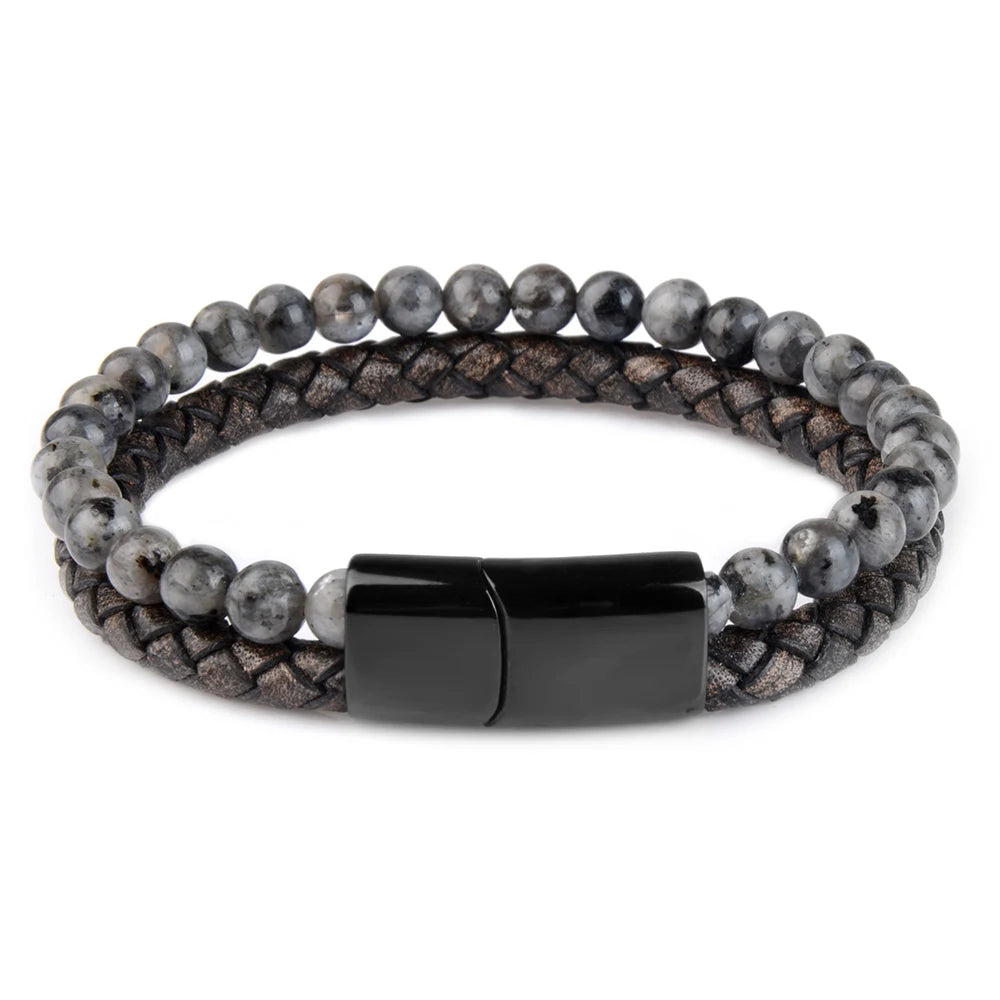 Pulsera de ojo de tigre para hombre: cuero auténtico y acero magnético negro