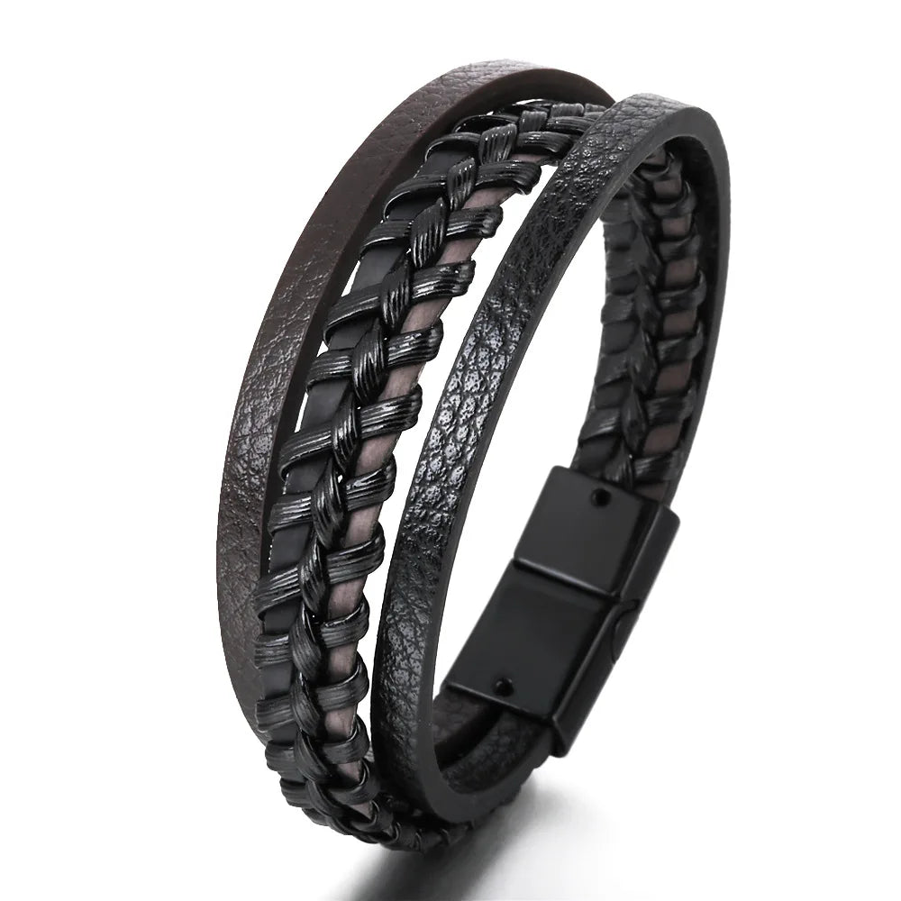 Pulsera trenzada de cuero y acero inoxidable para hombre – Multicapa – Elegante y moderna