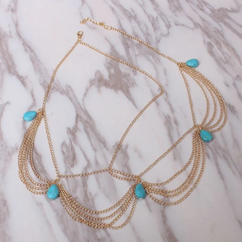 Cadena para la cabeza bohemia con cuentas doradas: joya para el cabello para mujer, para bodas, fiestas o festivales.