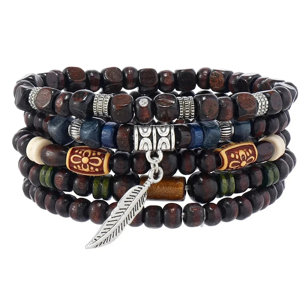 Bracelet Homme Bohème – Ensemble de Bracelets en Bois Naturel Tendance et Fait Main
