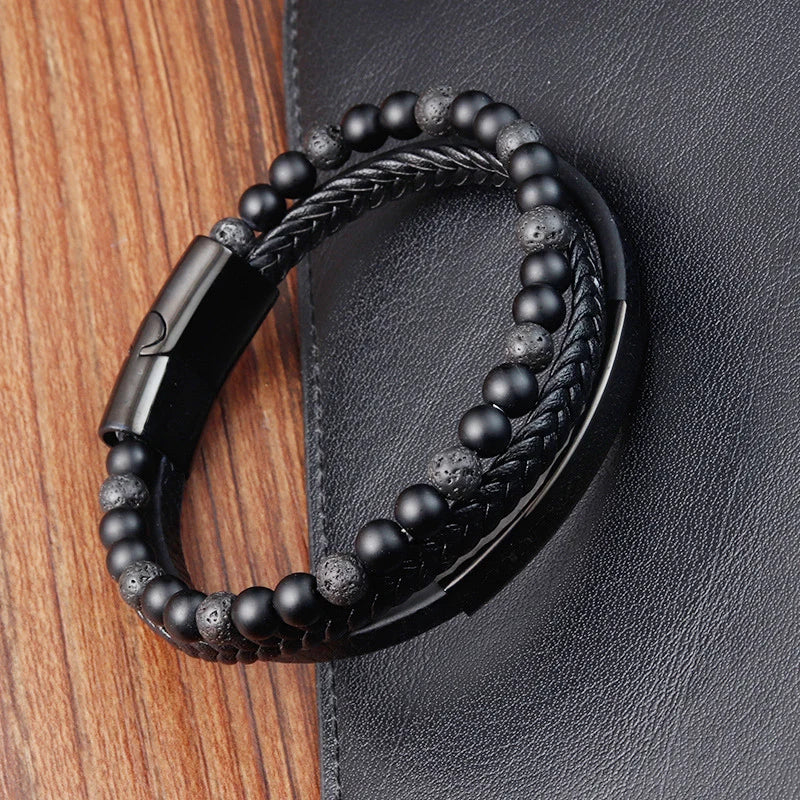 Bracelet Mixte en Cuir Véritable & Perles oeuil de Tigre, Fermoir Acier Inoxydable Magnétique