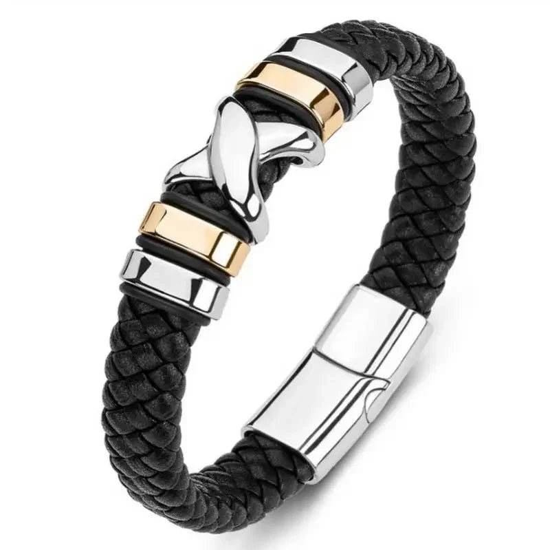Bracelet en cuir noir et acier – Motif croix décorative