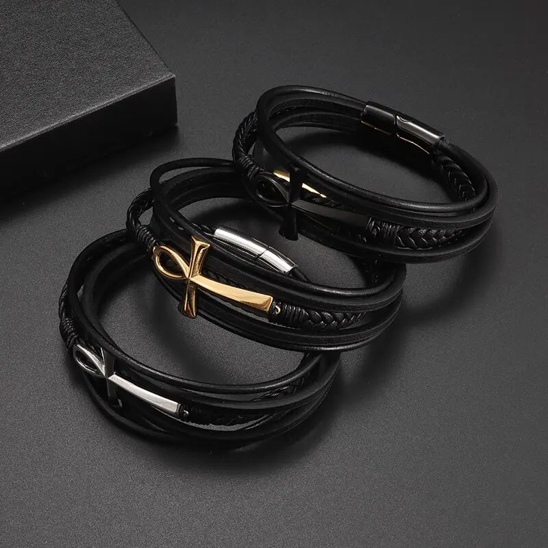 Bracelet en cuir noir et acier – Motif croix décorative