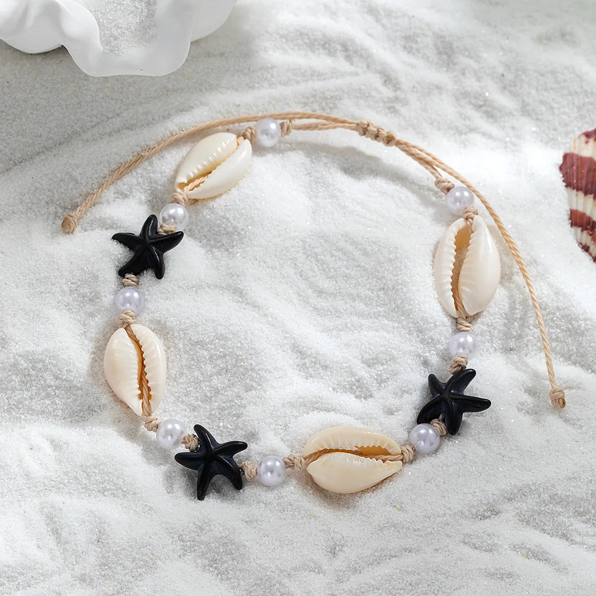 Bracelet de Cheville Coquillage Naturel, Style Bohème Été, Perles Résine et Étoiles de Mer