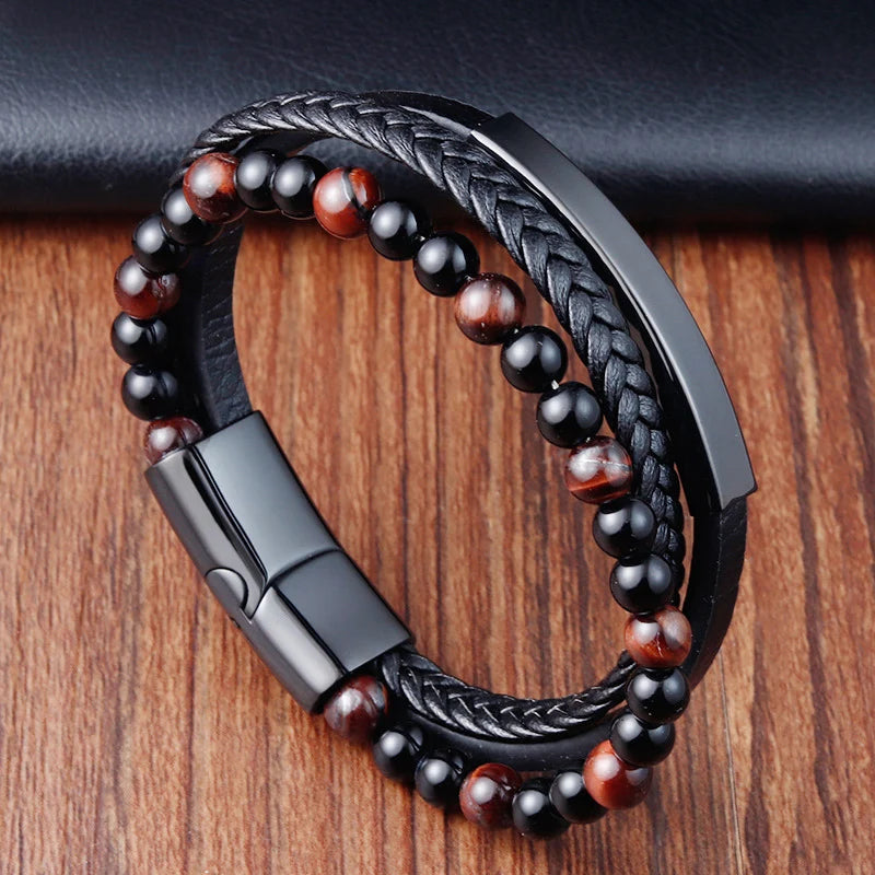 Bracelet Mixte en Cuir Véritable & Perles oeuil de Tigre, Fermoir Acier Inoxydable Magnétique