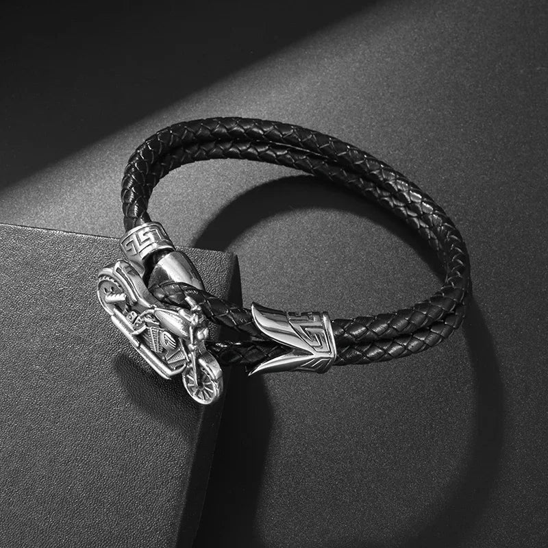 Bracelet en cuir noir et acier – Motif croix décorative