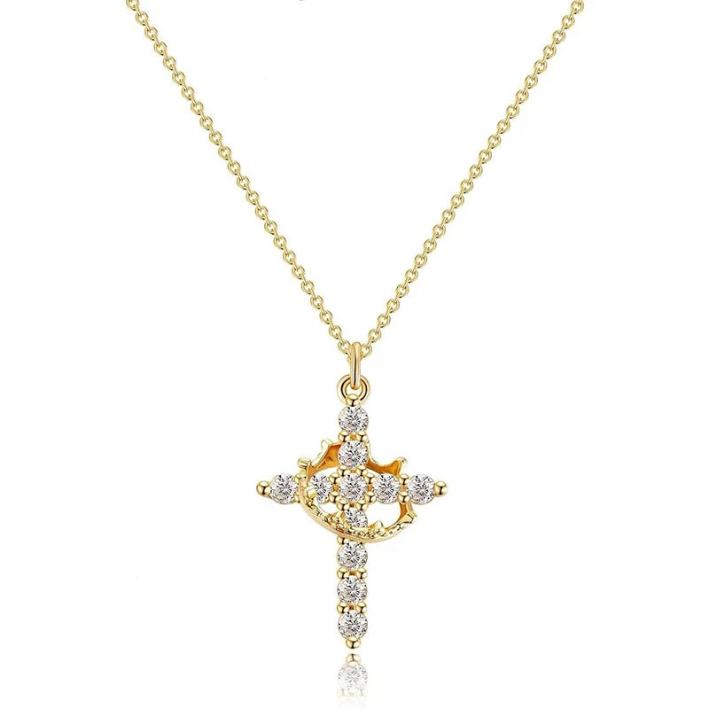 Collar de cruz de circón: elegante colgante dorado con corona giratoria para mujer