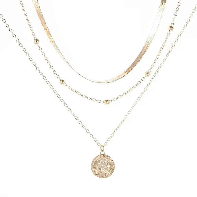 Collier Femme Argenté 925 à Trois Rangs – Style Minimaliste avec Médaillon Rond