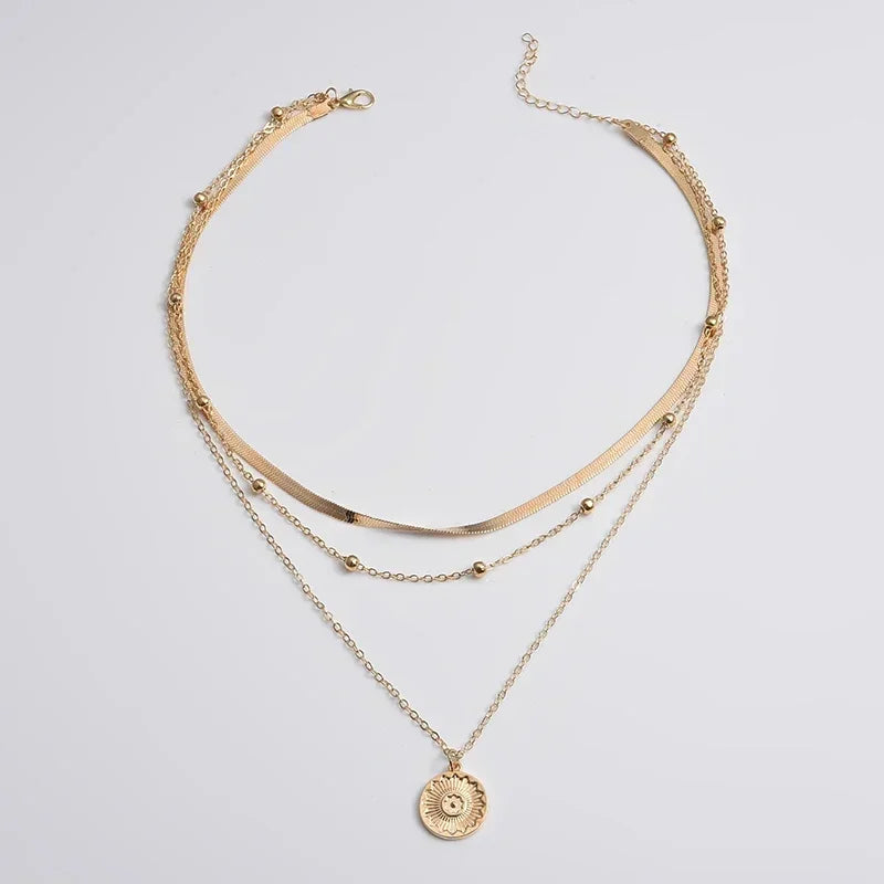 Collier Femme Argenté 925 à Trois Rangs – Style Minimaliste avec Médaillon Rond