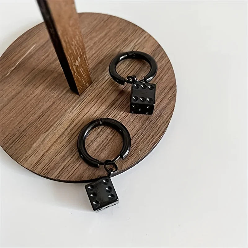 Men's Dice Earring - Silver Stainless Steel, Trendy Style