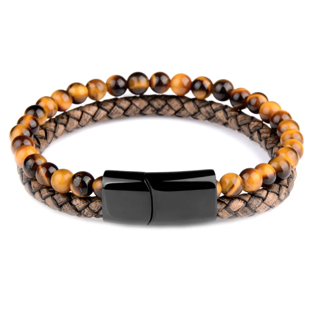 Pulsera de ojo de tigre para hombre: cuero auténtico y acero magnético negro